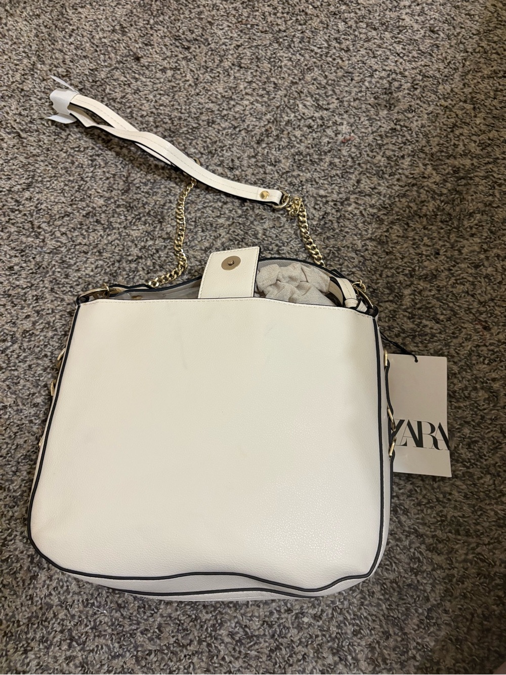 ZARA Cream Shoulder Bag with Black Trim and Gold Chain